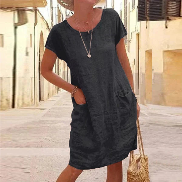 Cotton Linen Short Sleeve Pocket Casual Midi Dress