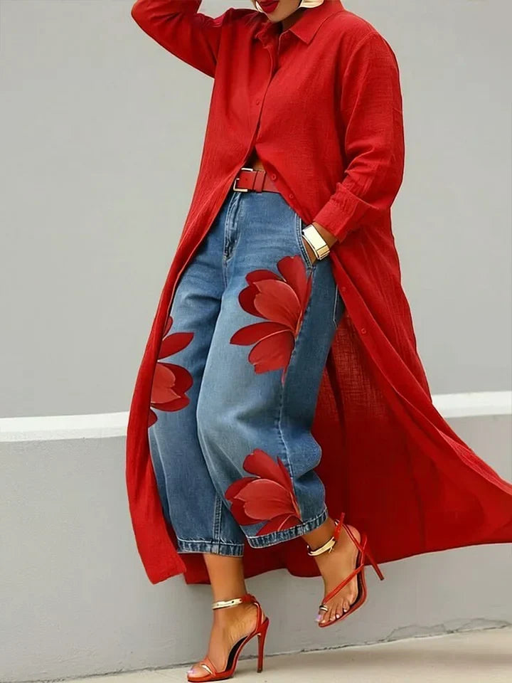 Maud | Shirt Dress and Floral Jeans Set