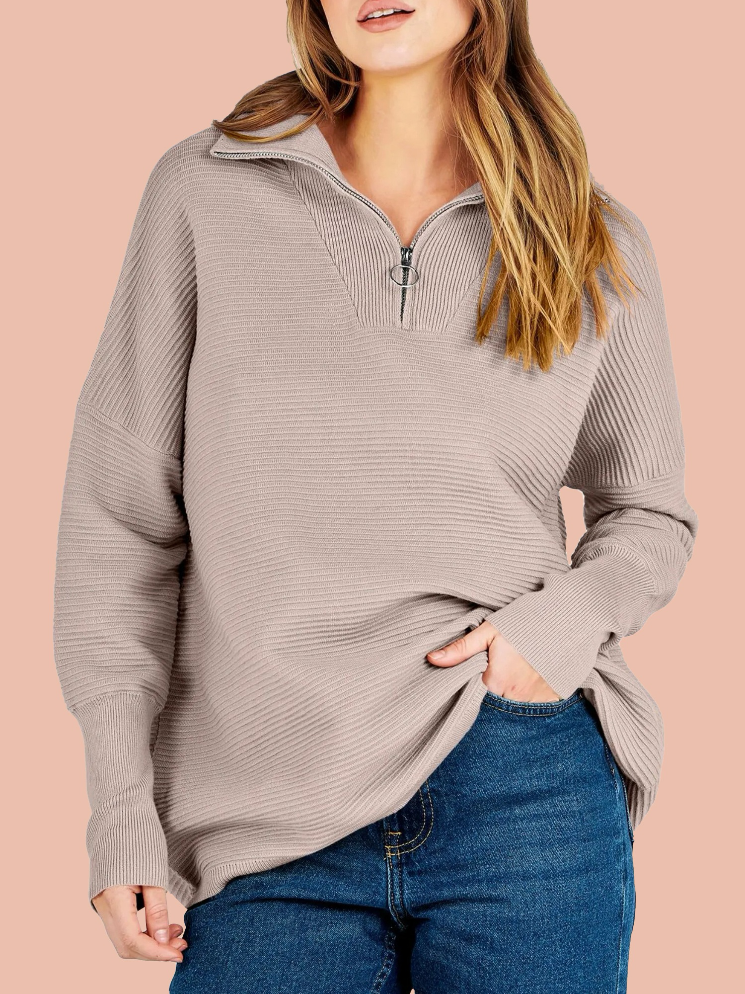 Kate | Quarter Zip Rib Knit Cozy Pullover Sweater