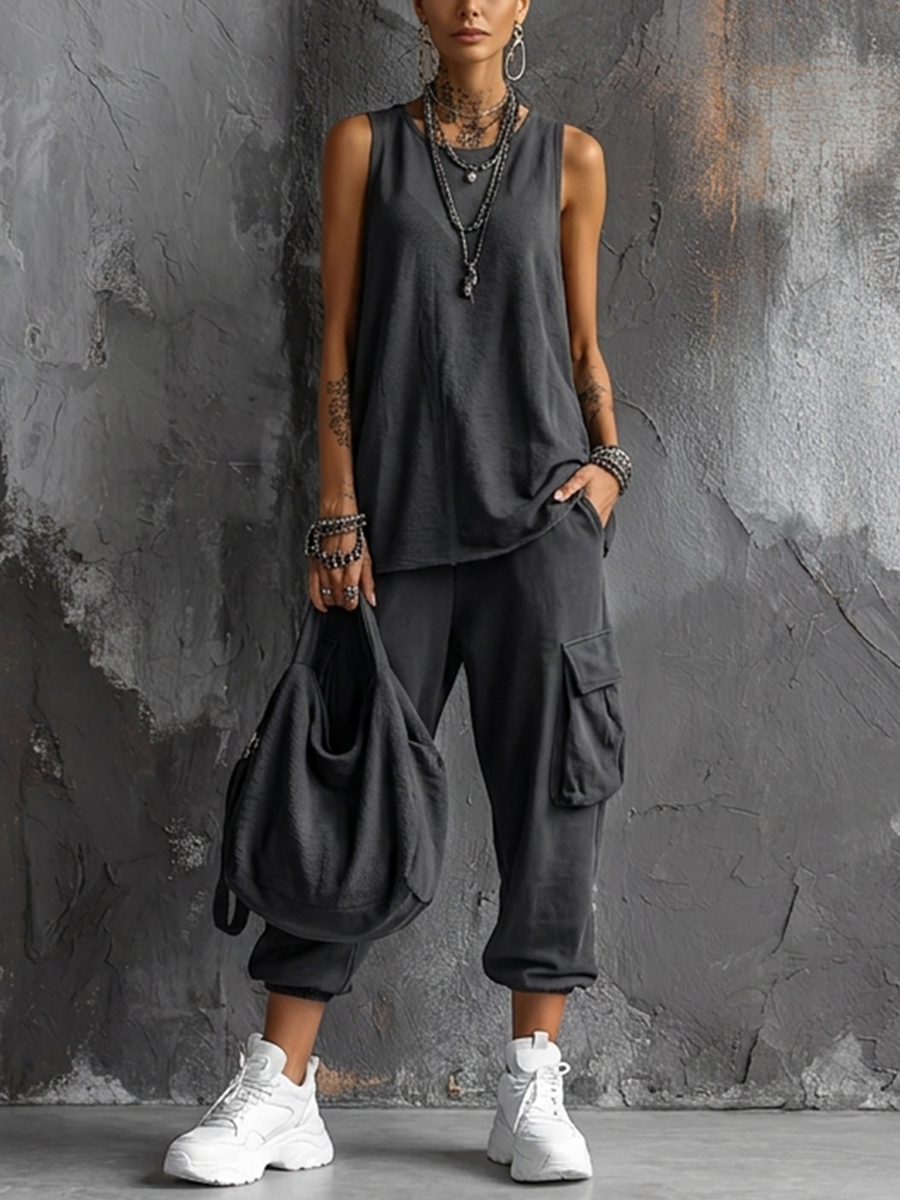 Dark Gray Cotton Sleeveless Top Set + Casual Style Women's Cargo Jogger Pants