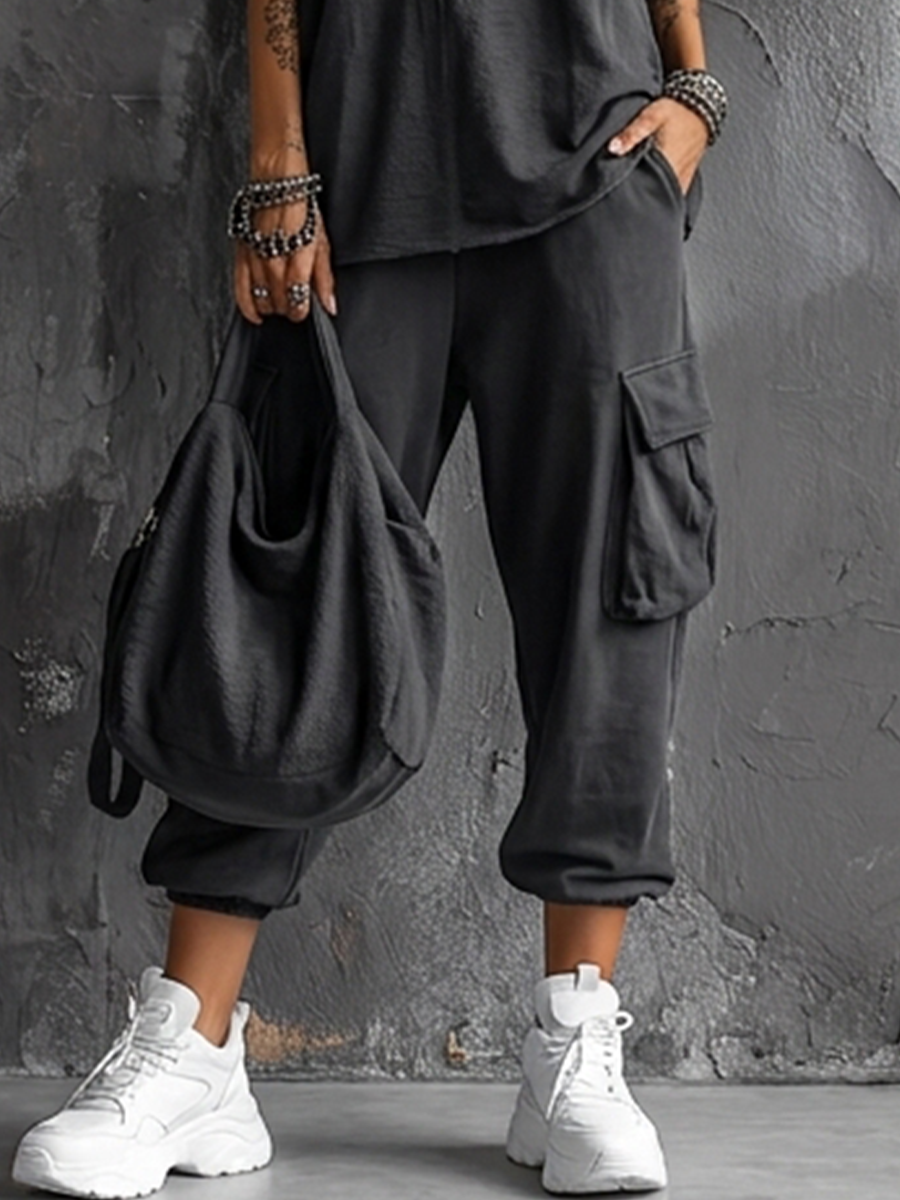 Dark Gray Cotton Sleeveless Top Set + Casual Style Women's Cargo Jogger Pants