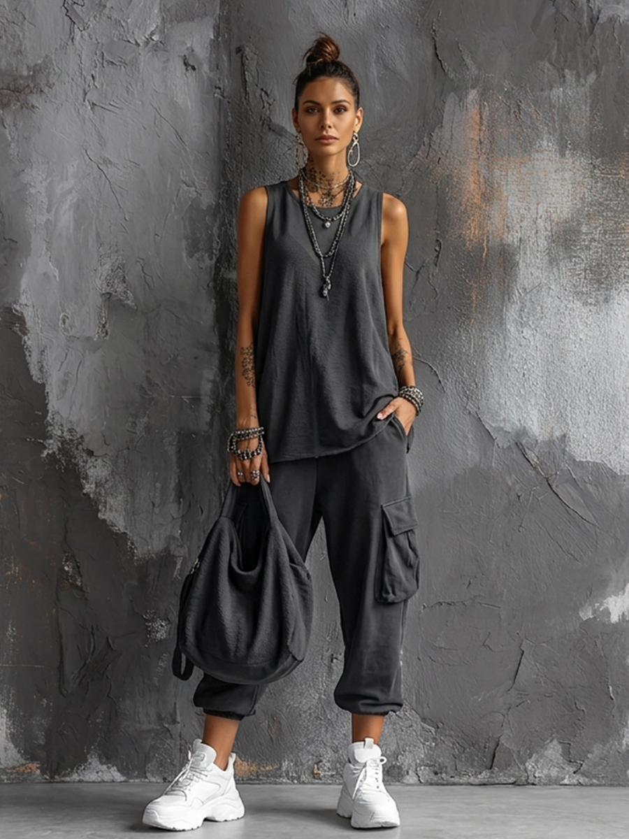 Dark Gray Cotton Sleeveless Top Set + Casual Style Women's Cargo Jogger Pants