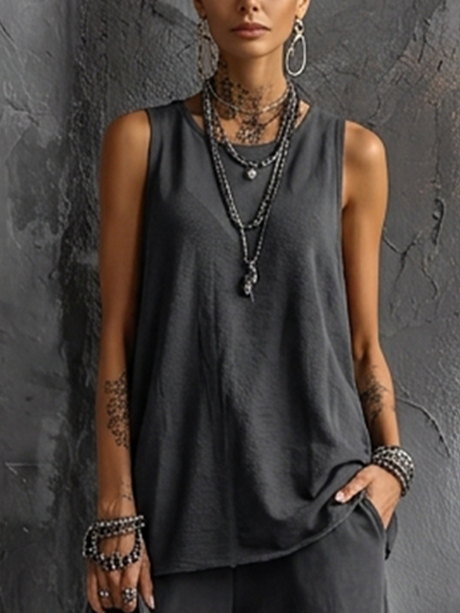 Dark Gray Cotton Sleeveless Top Set + Casual Style Women's Cargo Jogger Pants