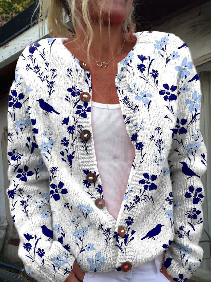 Vynora | Vintage Floral Bird Print Button-Front Cardigan