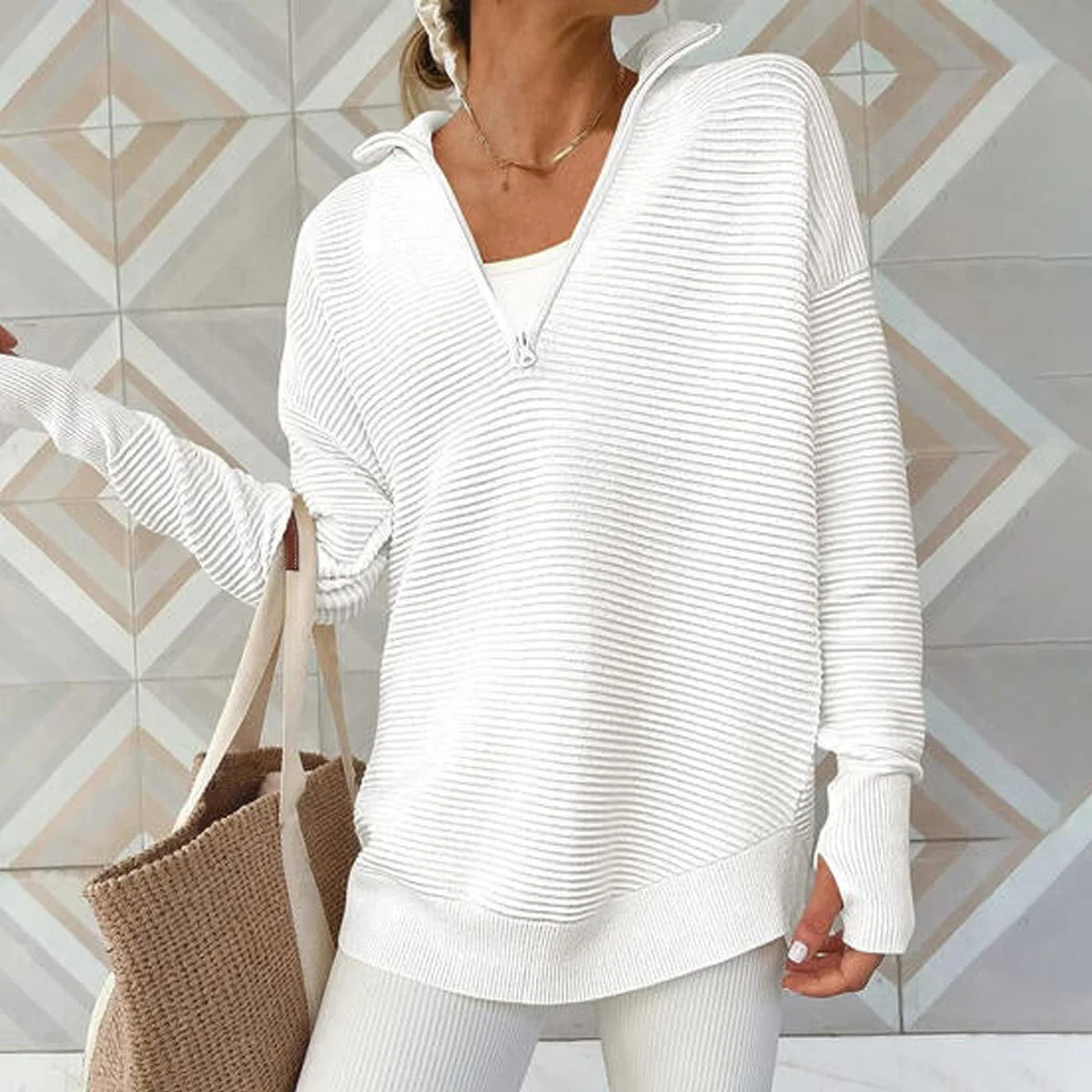 Sablelle Simple White Plain V-Neck Long Sleeve Sweater