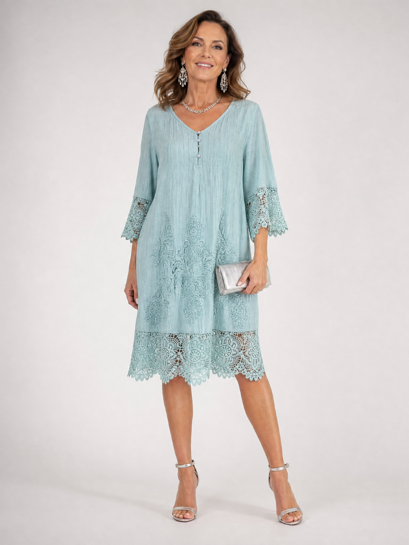 Rosalind™ | Embroidered Lace Trim Shift Midi Dress