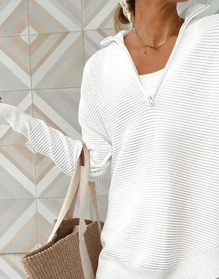 Sablelle Simple White Plain V-Neck Long Sleeve Sweater