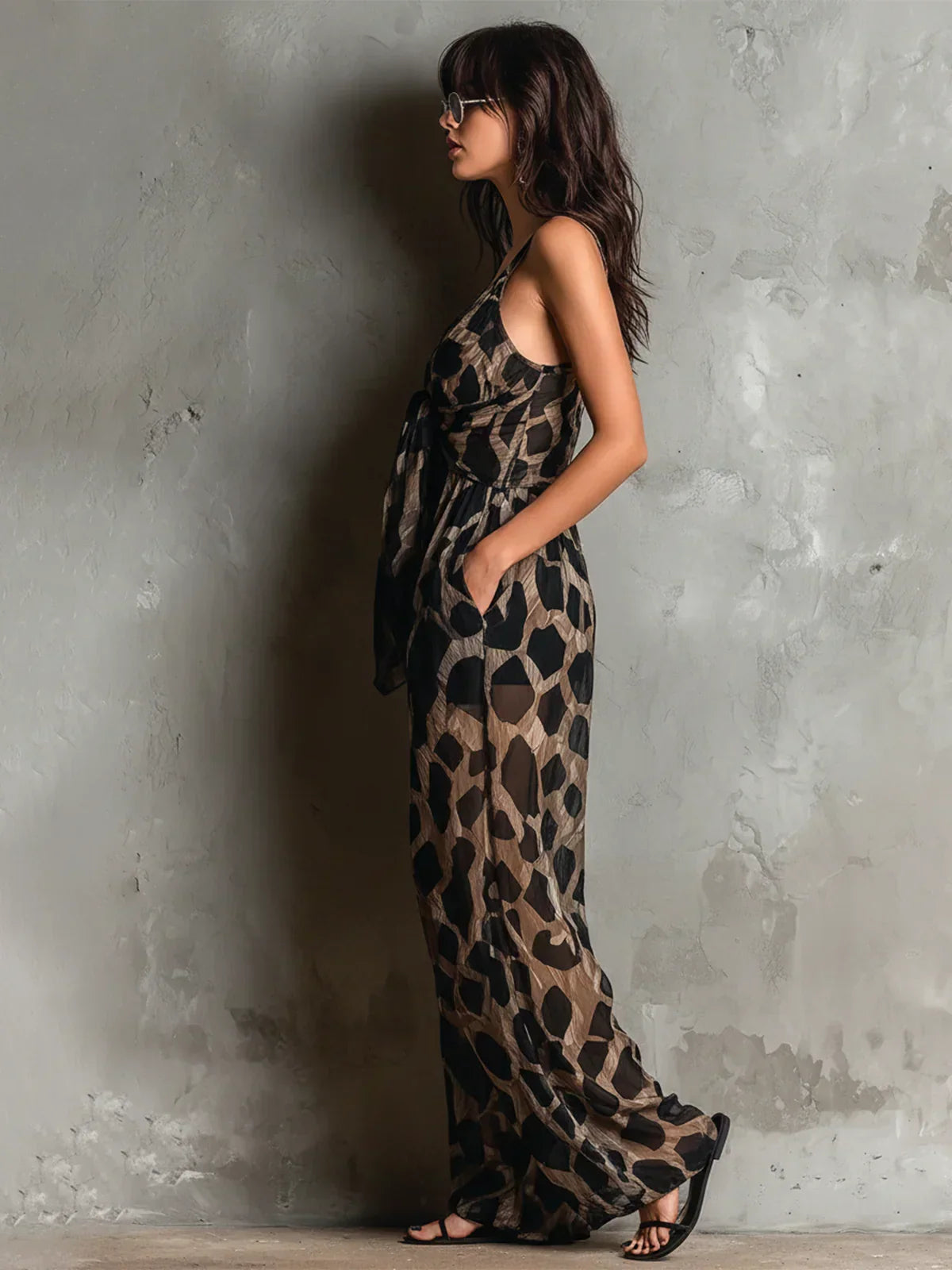 Orinda™ | Animal Print Deep V Halter Wide-Leg Jumpsuit