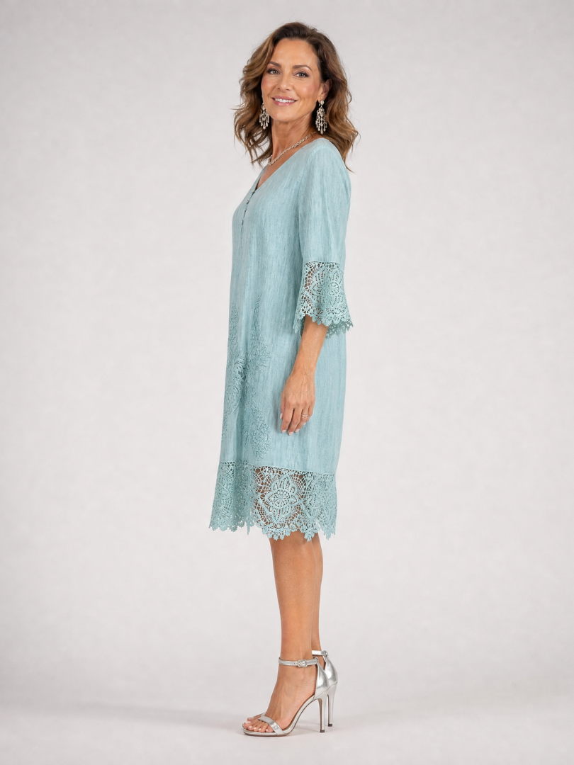 Rosalind™ | Embroidered Lace Trim Shift Midi Dress