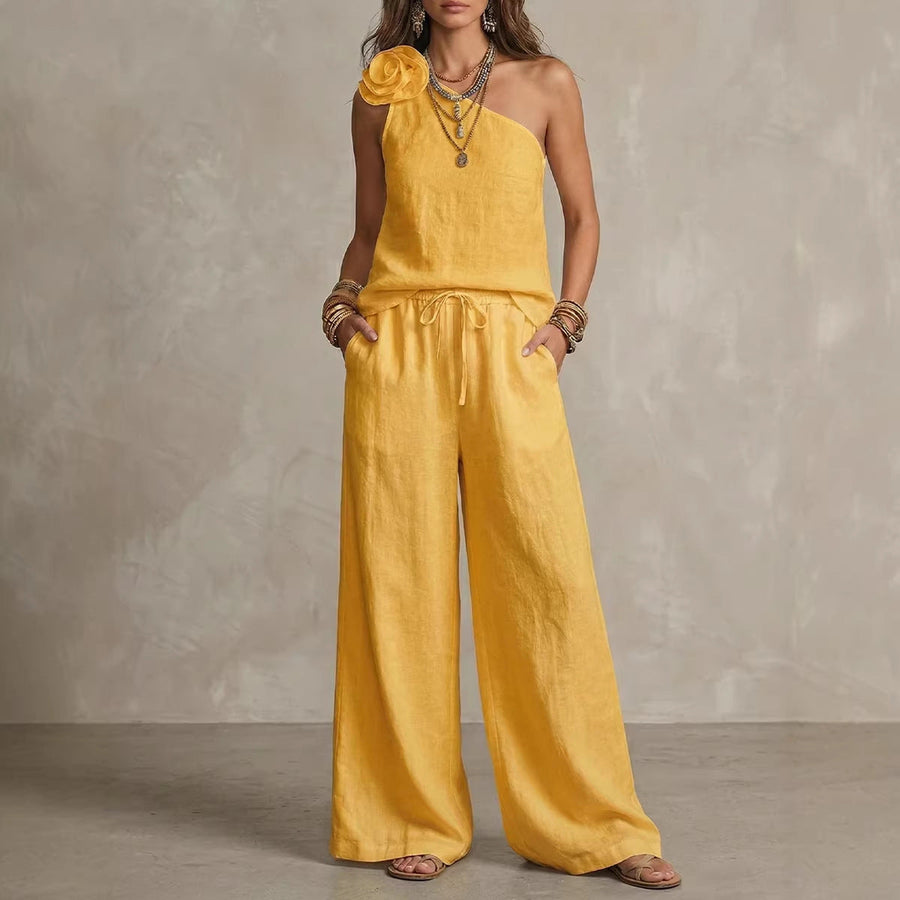 Elegant Two-Tone Set - Sleeveless Shirt and Pants