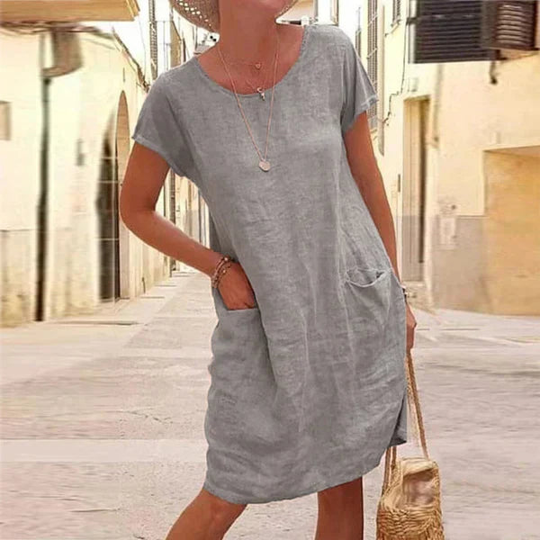 Cotton Linen Short Sleeve Pocket Casual Midi Dress