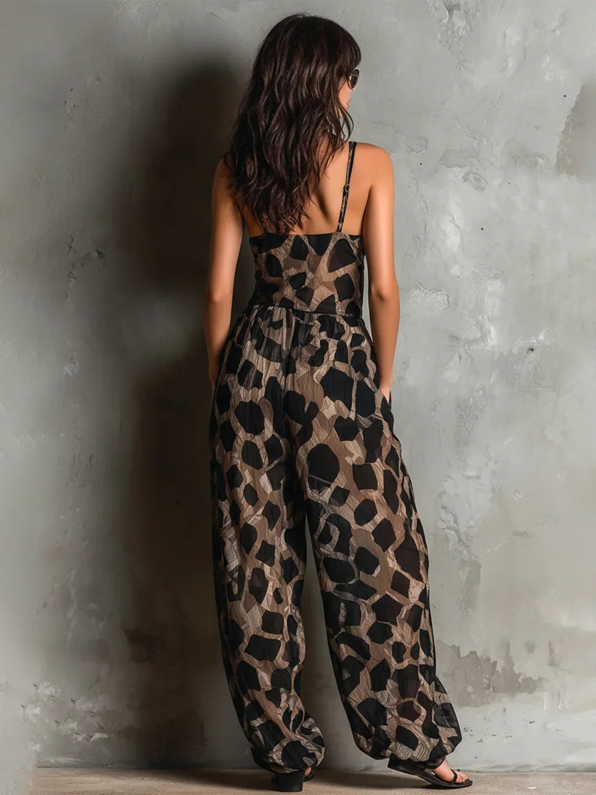 Orinda™ | Animal Print Deep V Halter Wide-Leg Jumpsuit