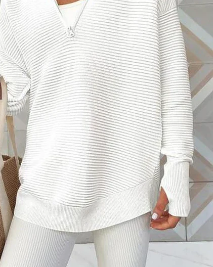 Sablelle Simple White Plain V-Neck Long Sleeve Sweater