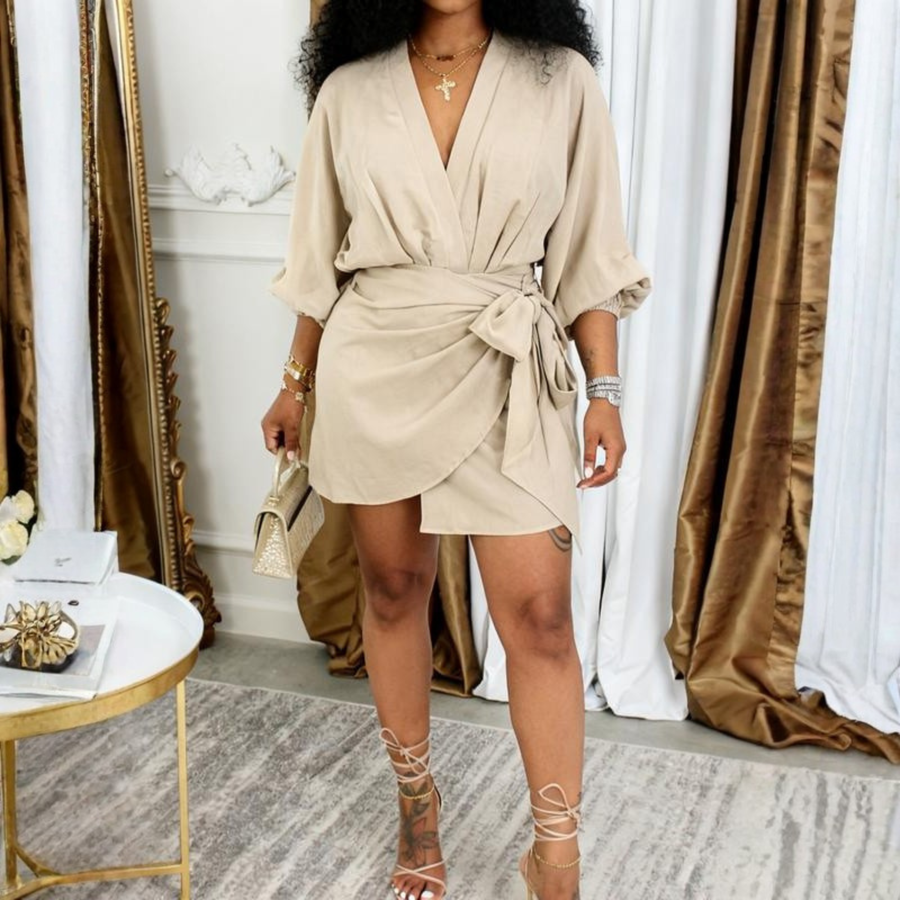 JEIYA™ - Chic Plain Side Tie Wrap V-Neck Bishop Party Mini Dress