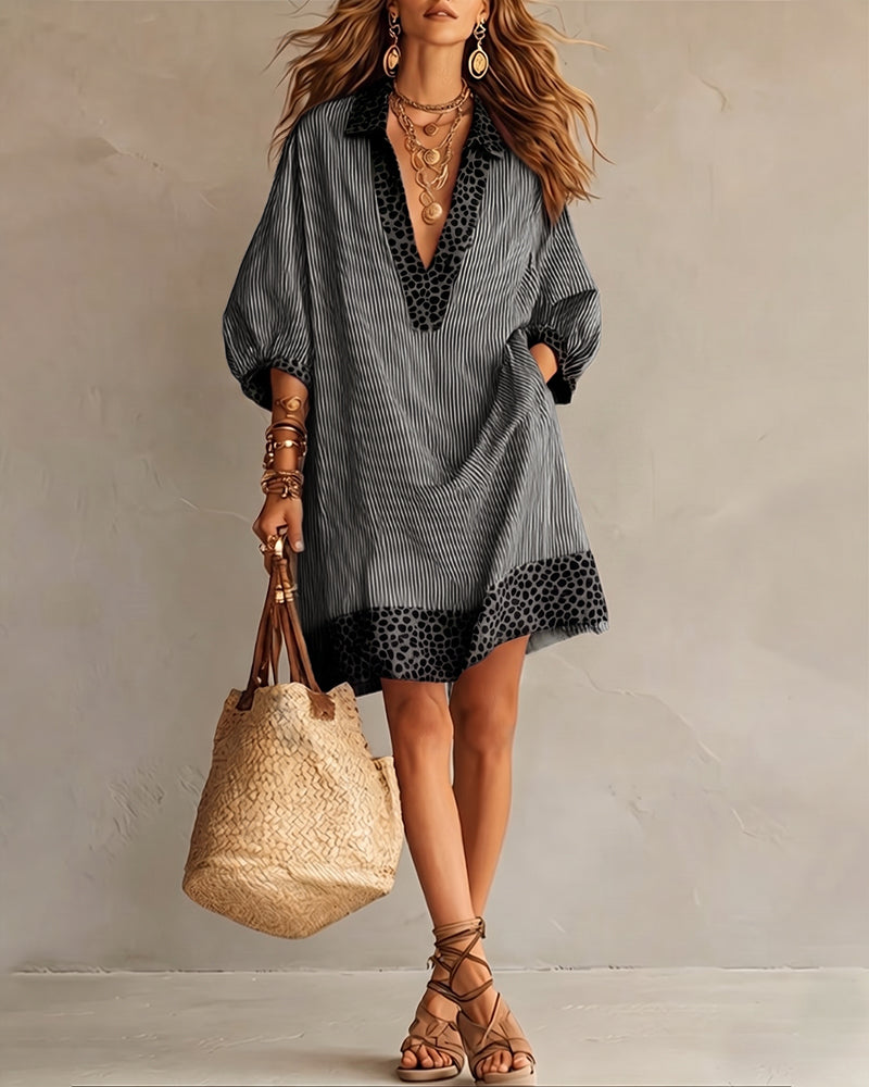 Striped Shirt Dress with Puff Sleeves and Leopard Print Panels