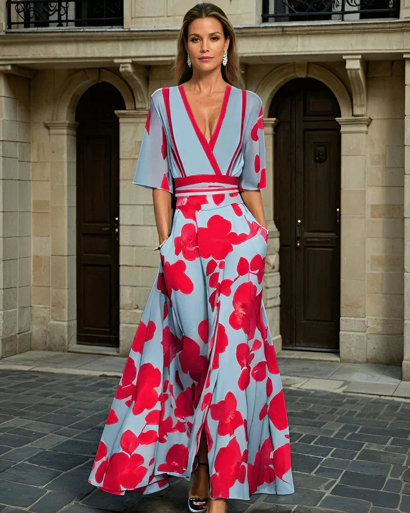 Elisa - Elegant Wrap Maxi Dress with Flowers