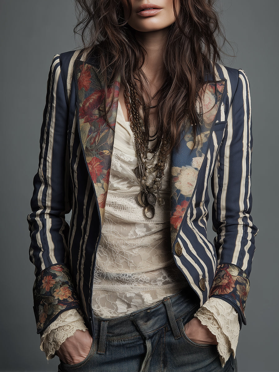 Bohème | Floral Striped Cotton-Linen Blazer
