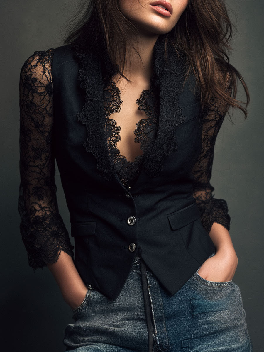 Women’s Black Sheer Sleeve Blazer Top
