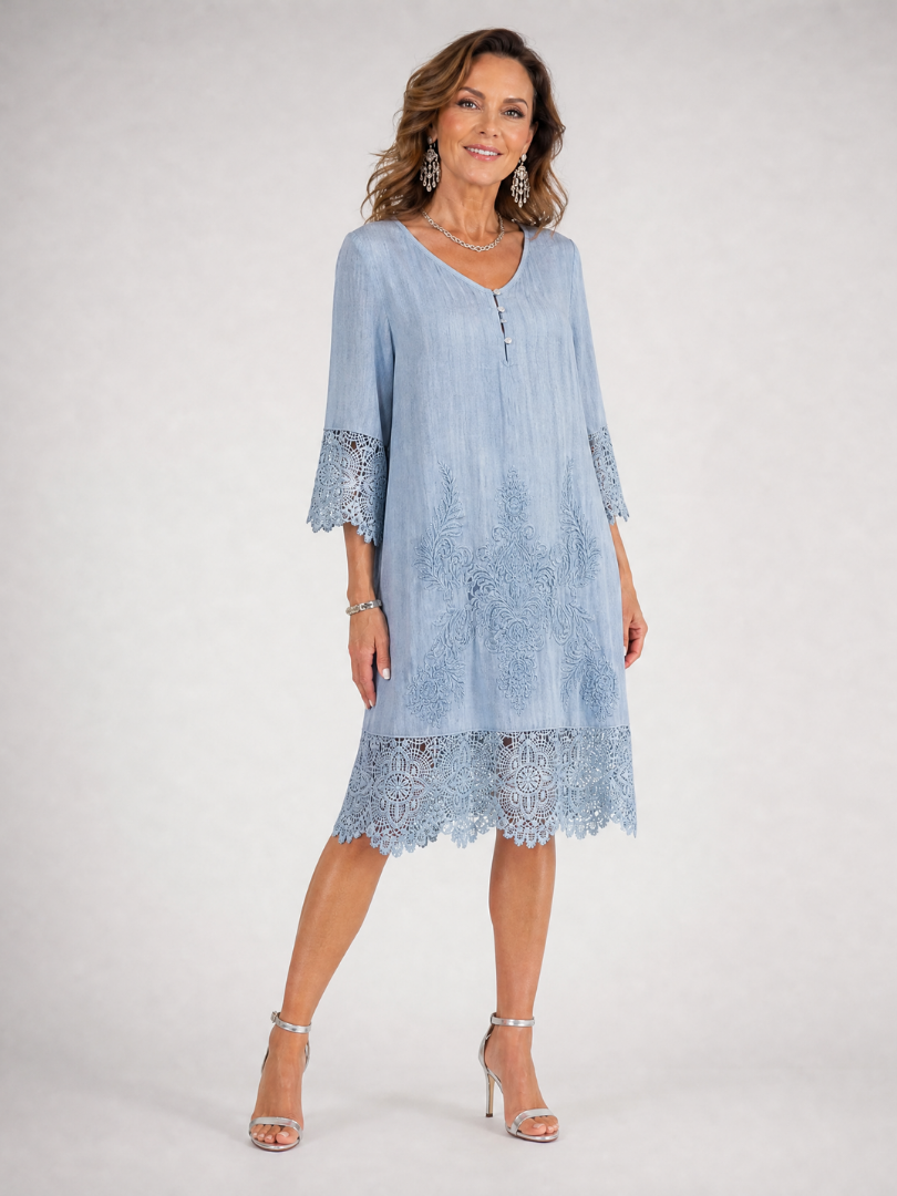 Rosalind™ | Embroidered Lace Trim Shift Midi Dress