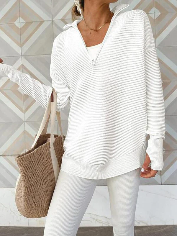 Sablelle Simple White Plain V-Neck Long Sleeve Sweater