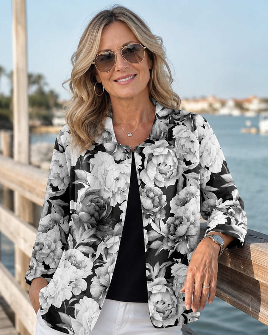 Gloria | Monochrome Floral Relaxed Open Shirt