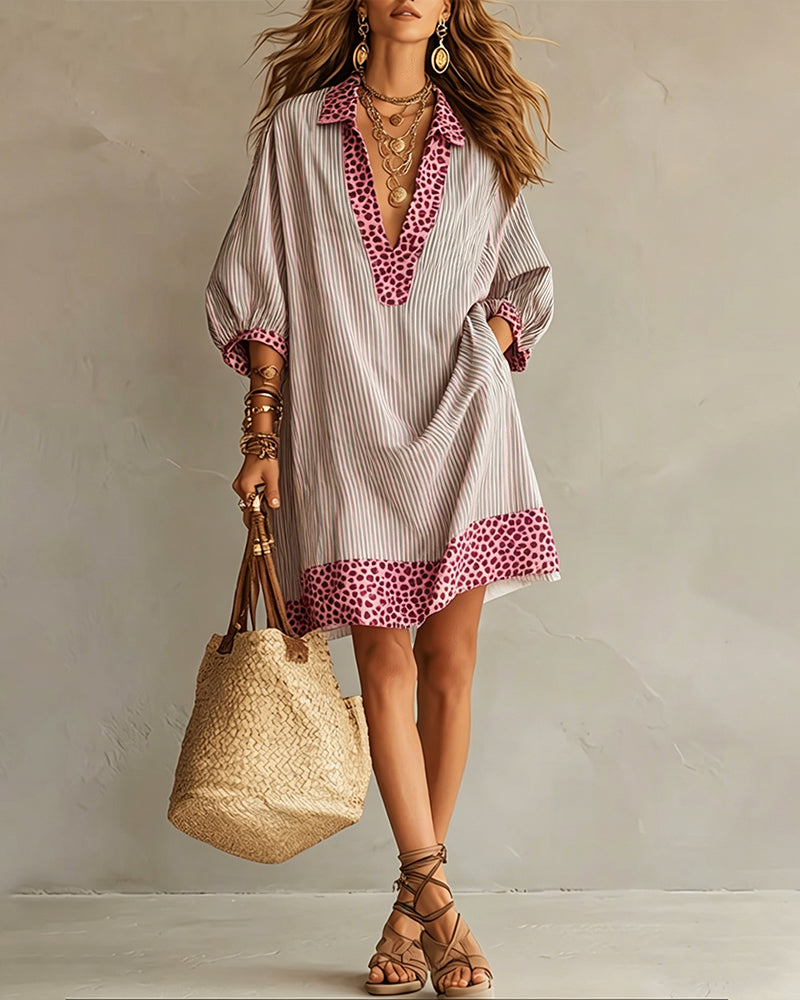 Striped Shirt Dress with Puff Sleeves and Leopard Print Panels