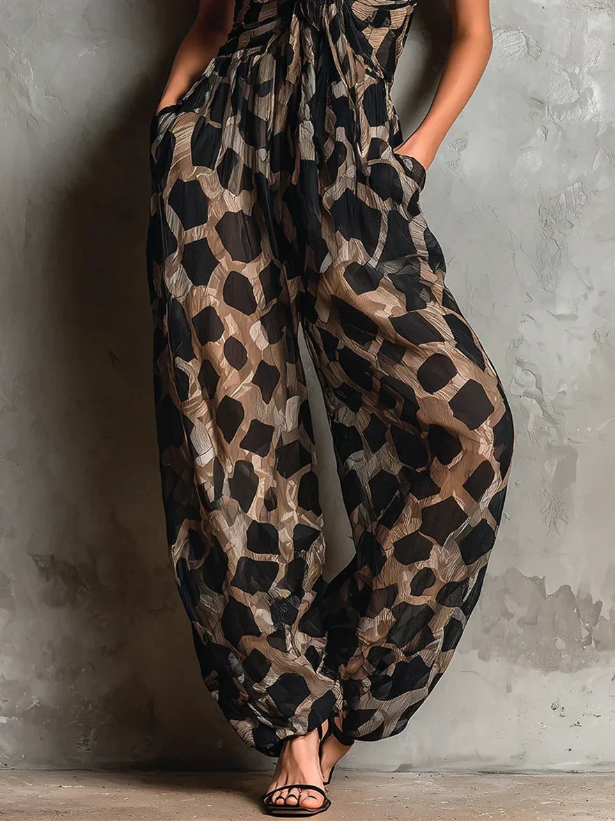 Orinda™ | Animal Print Deep V Halter Wide-Leg Jumpsuit