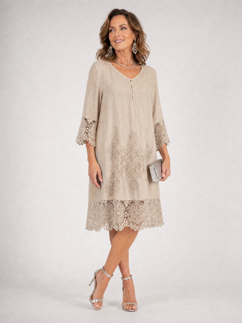Rosalind™ | Embroidered Lace Trim Shift Midi Dress