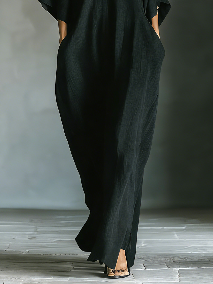 Costanza | Maxi black dress with kimono sleeves and V-neck