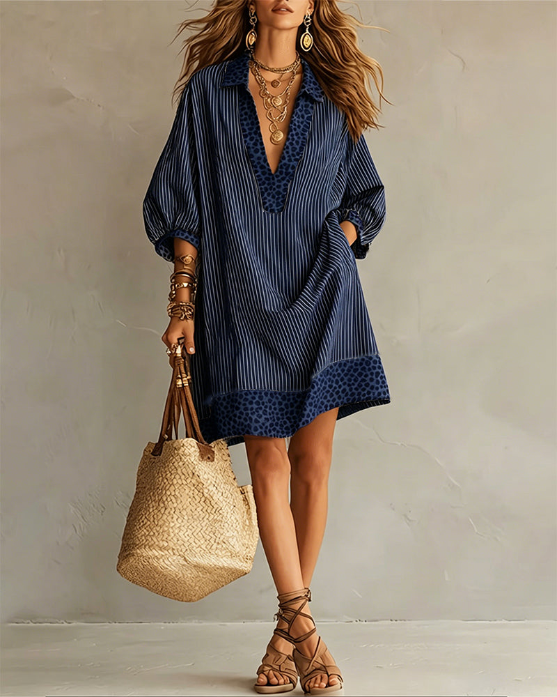 Striped Shirt Dress with Puff Sleeves and Leopard Print Panels