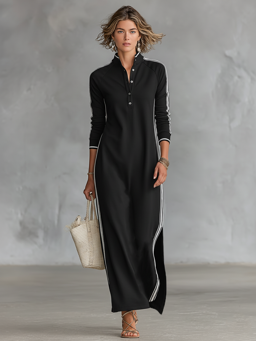 Maxi Sweat Dress for Women with Button-down Collar and White Trim