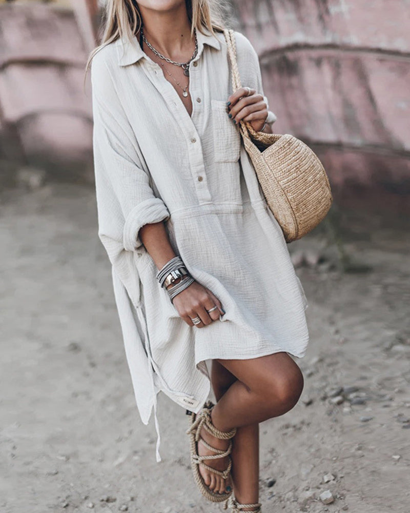 Sloane - Chic Cotton Blend Loose Fit Shirt Dress