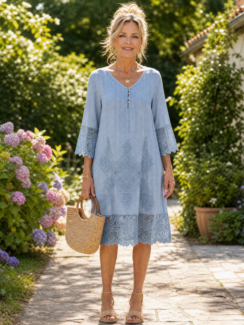 Rosalind™ | Embroidered Lace Trim Shift Midi Dress