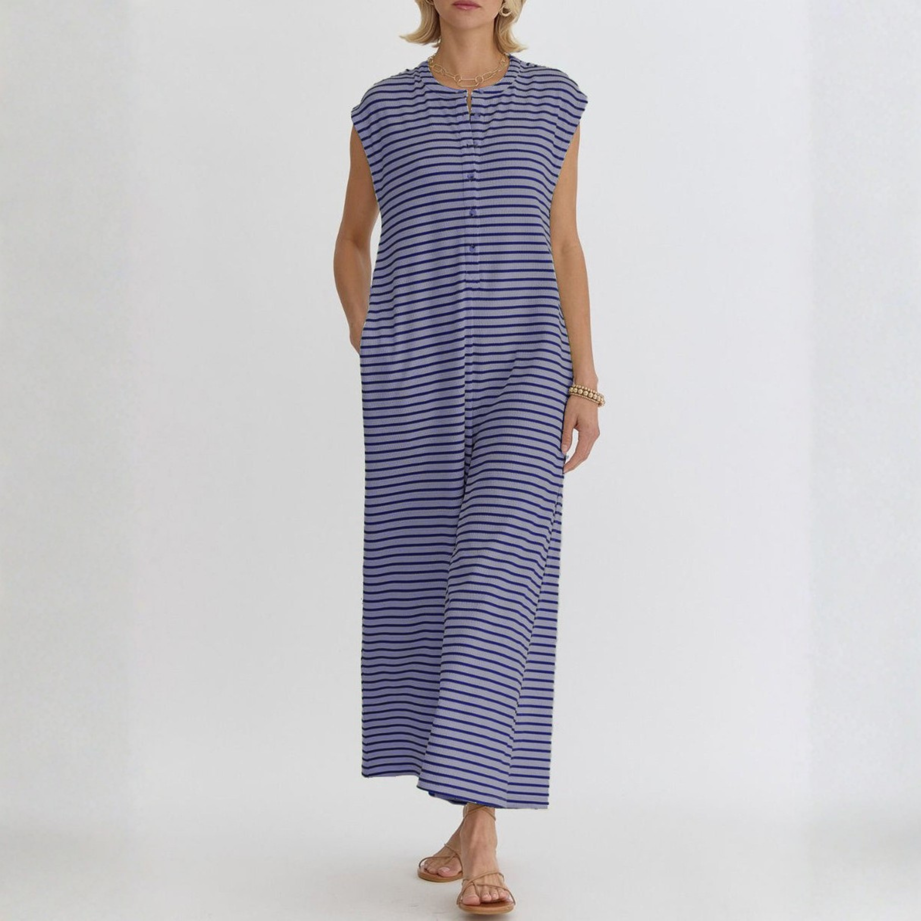 KETURAH™ - Casual Striped Cap Sleeve Wide Leg Jumpsuit