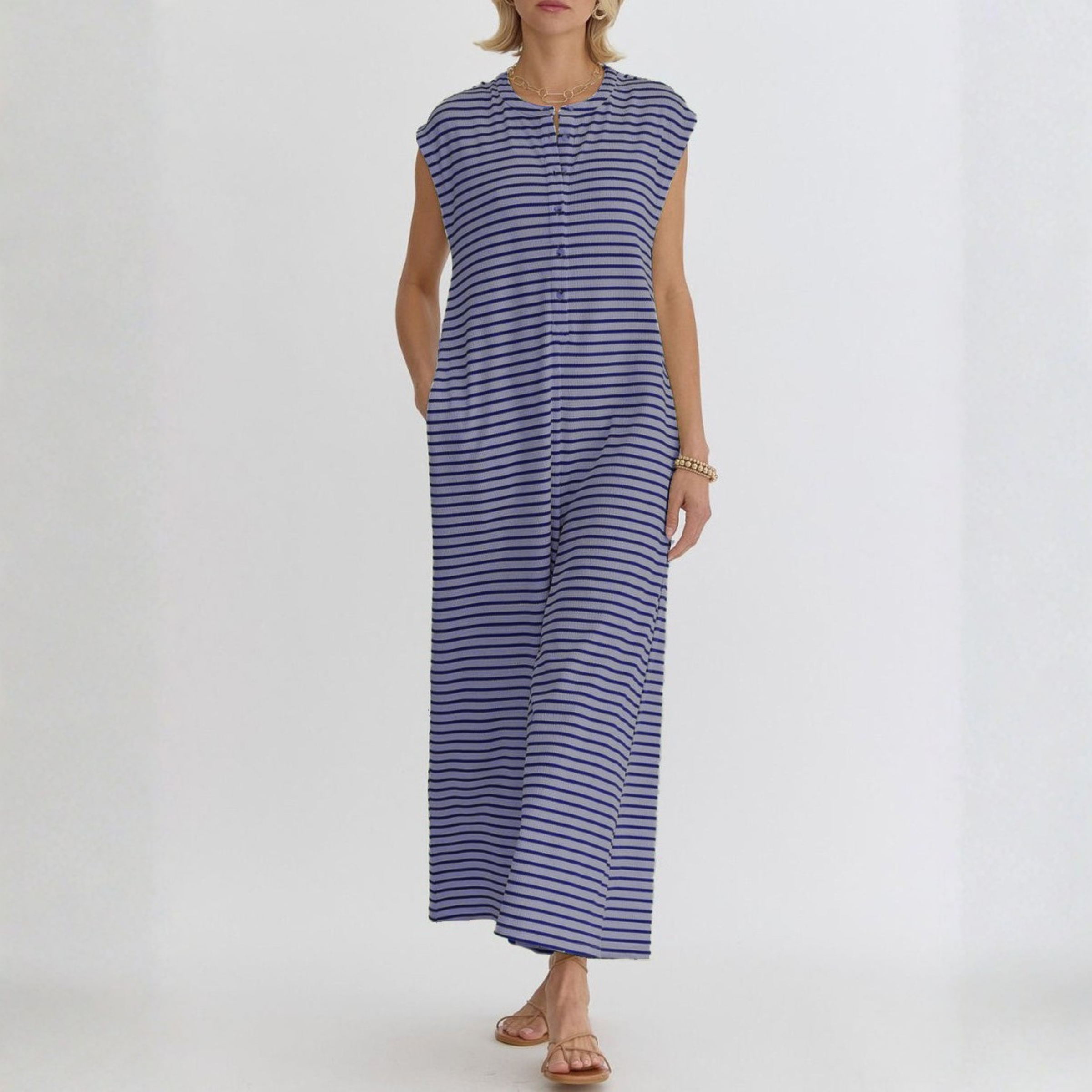 KETURAH™ - Casual Striped Cap Sleeve Wide Leg Jumpsuit