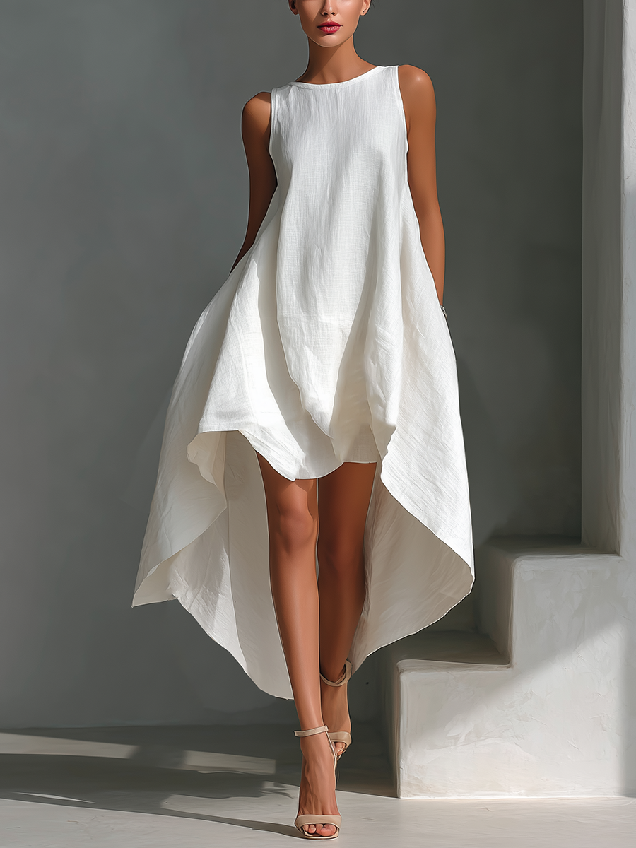 Effortless Linen Midi Dress for Women with Round Neck Asymmetric Hem Sleeveless Flowing Casual Summer Style