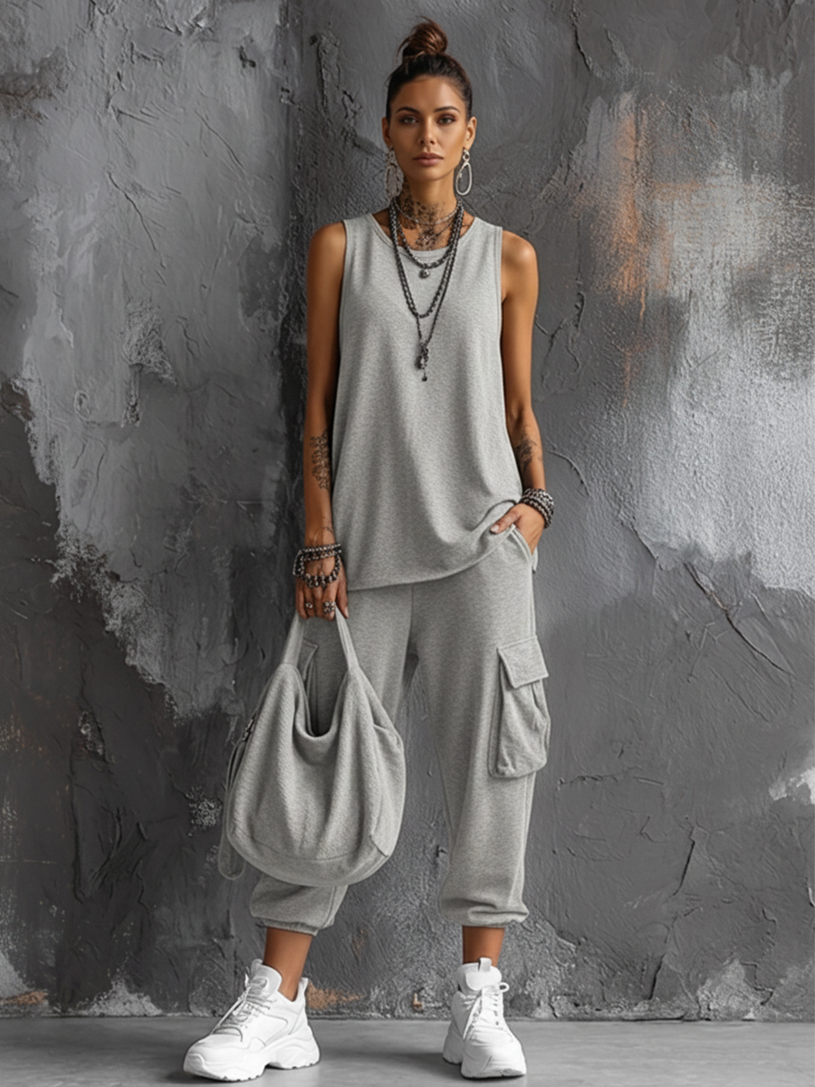 Dark Gray Cotton Sleeveless Top Set + Casual Style Women's Cargo Jogger Pants