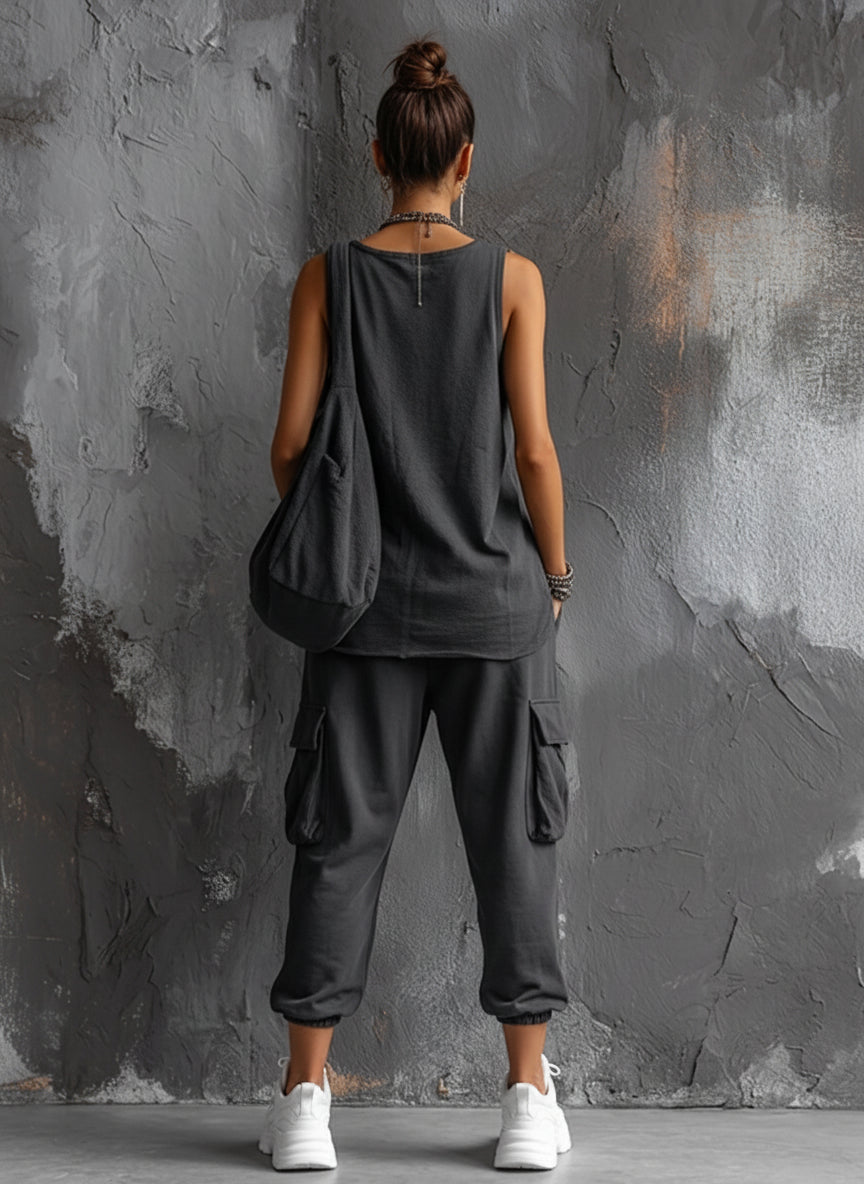 Dark Gray Cotton Sleeveless Top Set + Casual Style Women's Cargo Jogger Pants