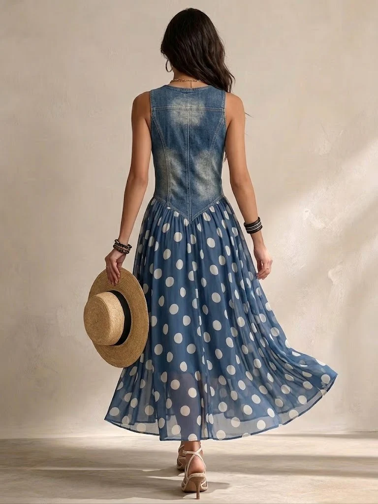 Elena | Denim Polka Dot Dress