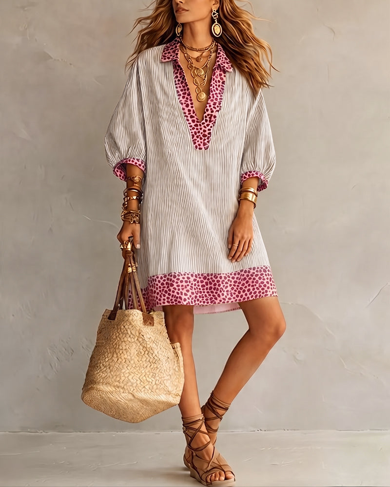 Striped Shirt Dress with Puff Sleeves and Leopard Print Panels