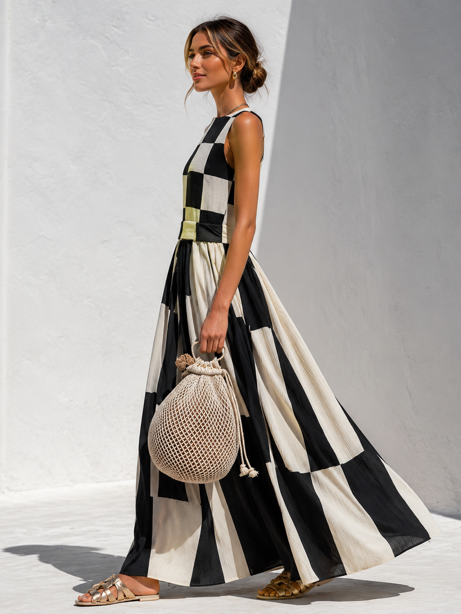 Adellene™ | Plaid and Stripe Paneling Sleeveless Maxi Dress