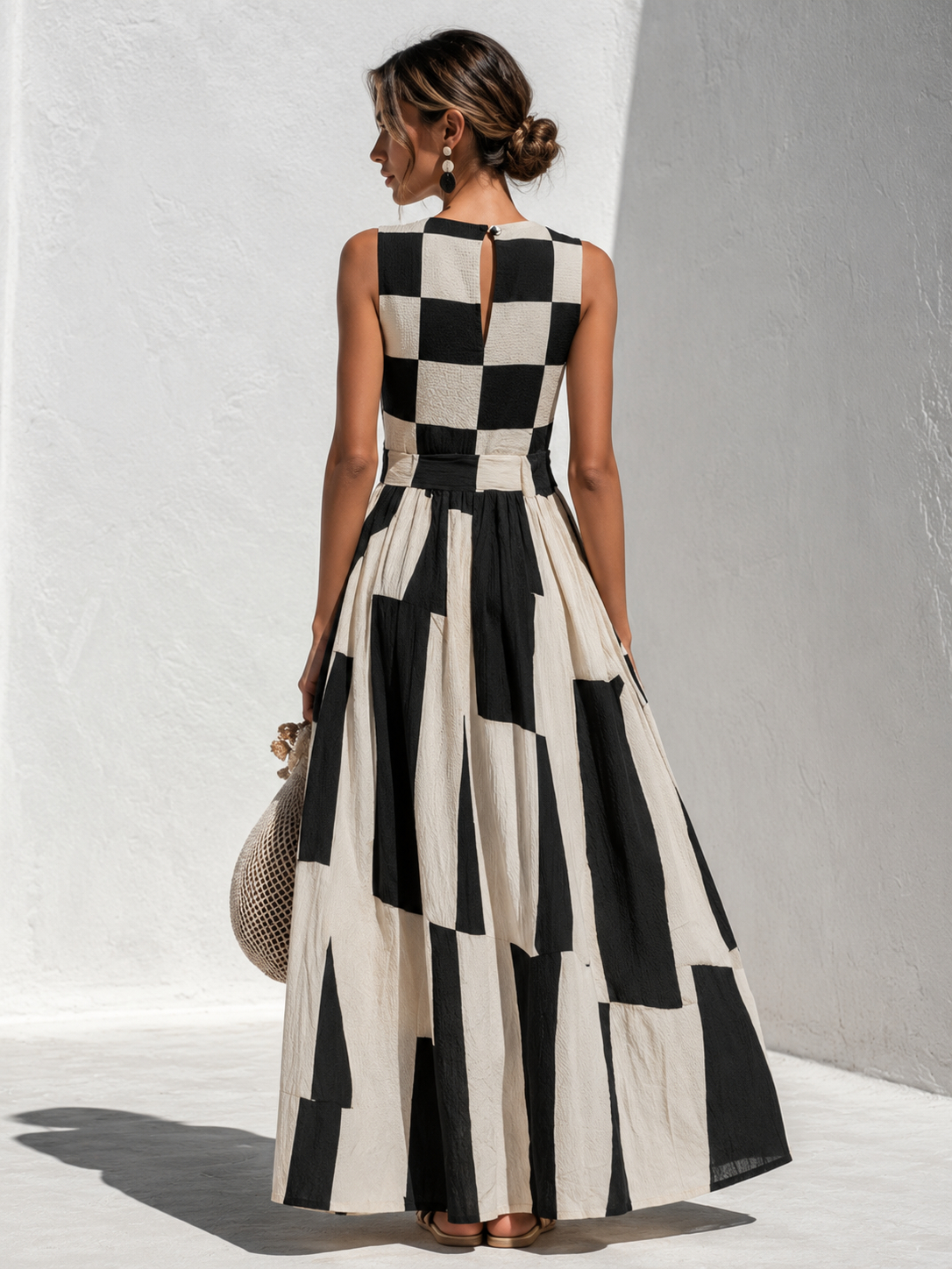 Adellene™ | Plaid and Stripe Paneling Sleeveless Maxi Dress