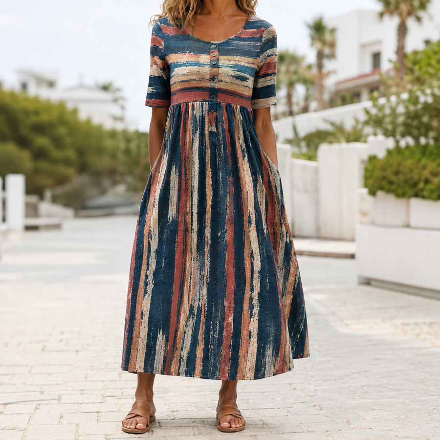 HOLLY | ELEGANT STRIPED TUMMY-COVERAGE MIDI DRESS