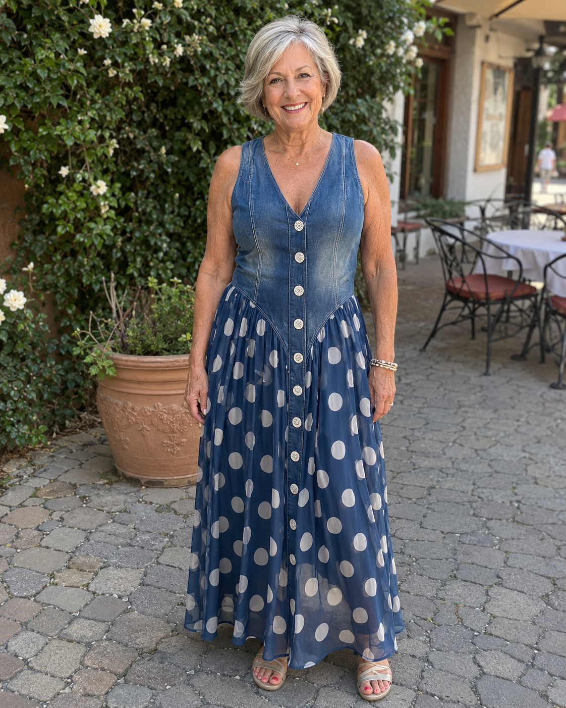 Jasmin - Denim Dress With Polka Dot Chiffon Skirt