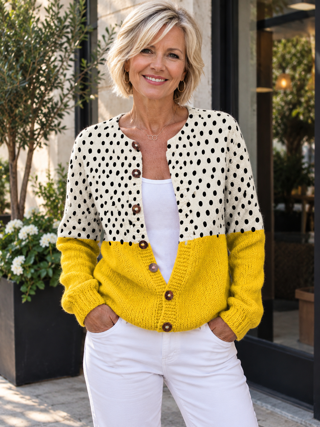 Yellow Polka Dots Print Buttoned Cardigan