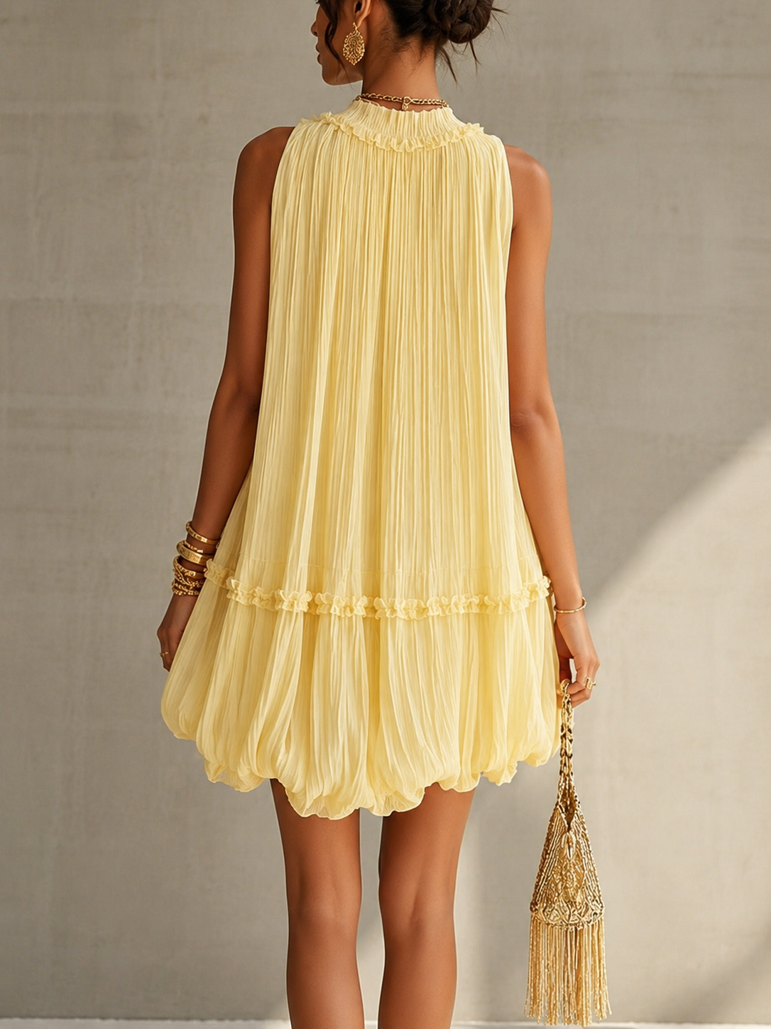 Yellow Halter Neck Ruffled Chiffon Bubble Mini Dress