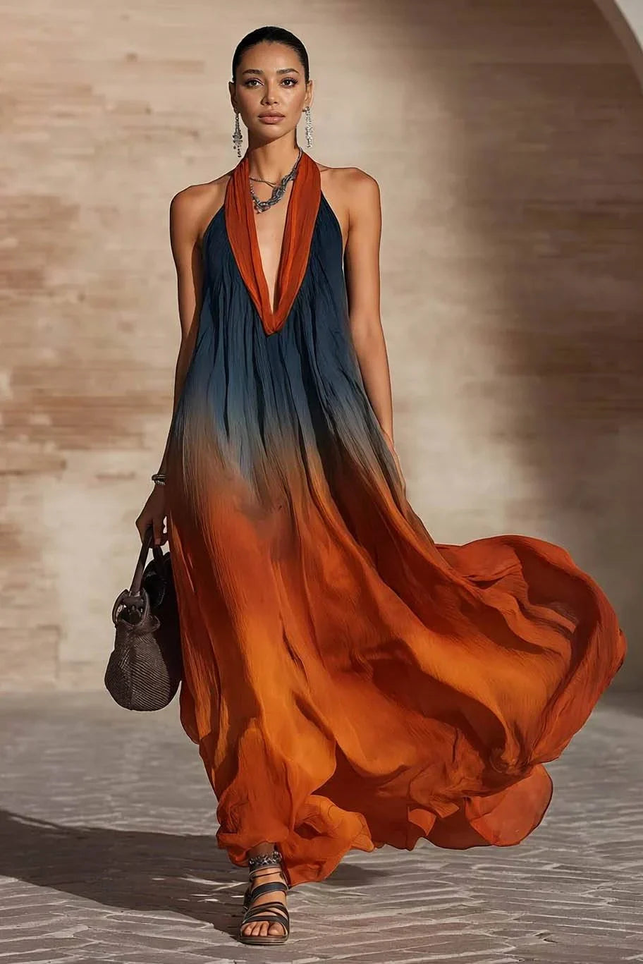 Lumielle™ | Ombre Halter/V-Neck Maxi Dress