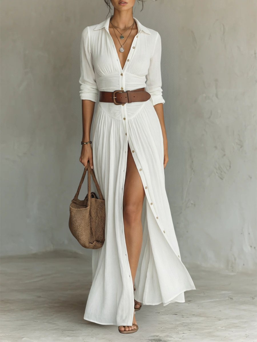 Elegant Maxi Dress with Notched Collar and Long Sleeves in Linen-Cotton