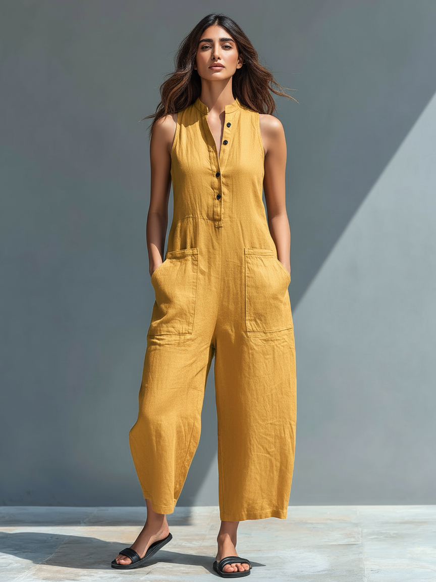 Sleeveless Linen Blend Overall with High Collar and Buttons for Women