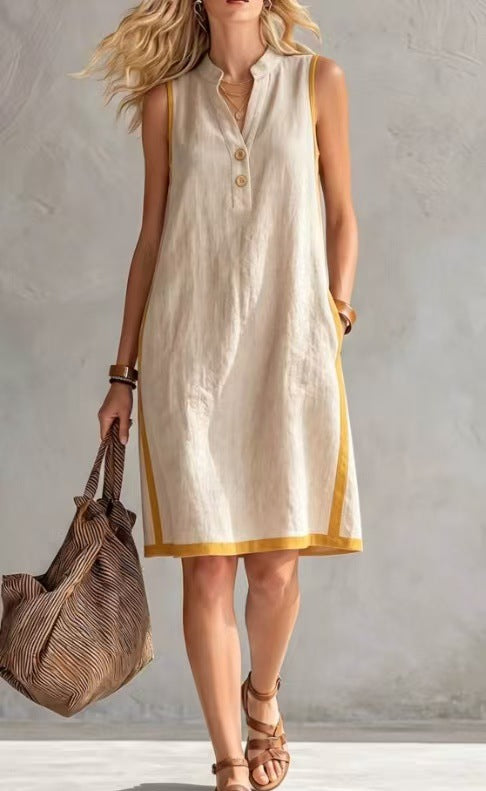 Sleeveless V-Neck Summer Midi Dress | Breathable Bohemian Tunic Dress with Pockets